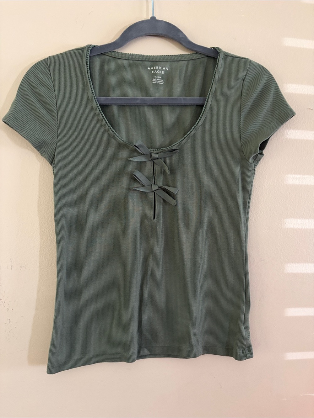American Eagle Outfitters Olive Ribbed Scoop-Neck Tee with Front Bows